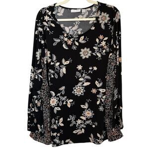 Susan Graver Womens Size 2X Liquid Knit Button Cuff Tunic Top Black Floral Work